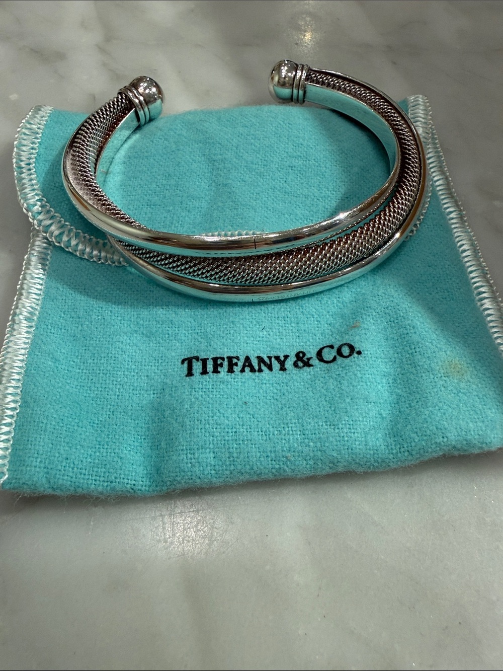 Tiffany & Co. Silver Crossover Mesh Cuff Bracelet - Silver & Turquoise Pouch